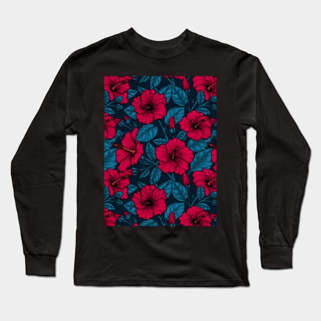 Red hibiscus flowers on dark blue Long Sleeve T-Shirt by katerinamk